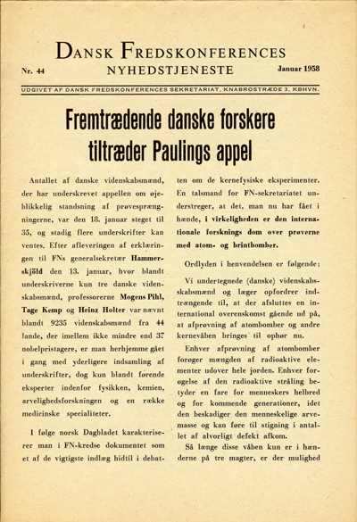 Dansk Fredskonferences Nyhedstjeneste, 1958:44. januar 1958