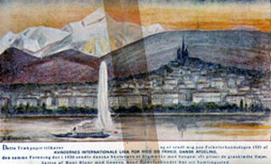 Trækpapir med skitse af Mont Blanc med Genève, hvor Folkeforbundet havde sit samlingssted. Udsendt af Ligaen på Folkeforbundsdagen 1931.