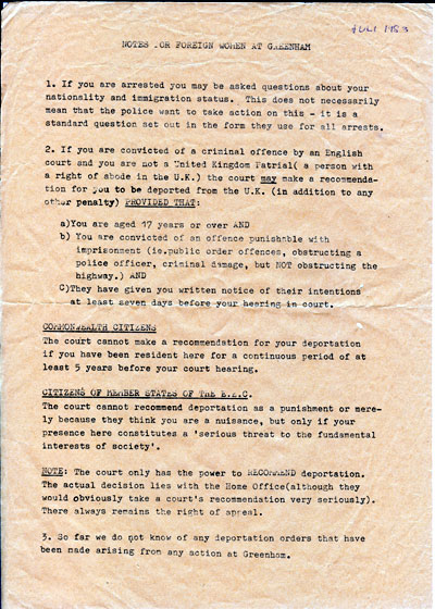 Notes for foreign womenat Greenham, 1983