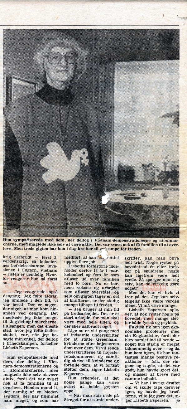 Lisbeth Espersen authobiography and Greenham Common interview in Tilbuds-Avisen Aarhus, December 1982.