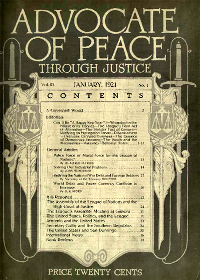 Advocate of Peace, 1921, January - frontpage