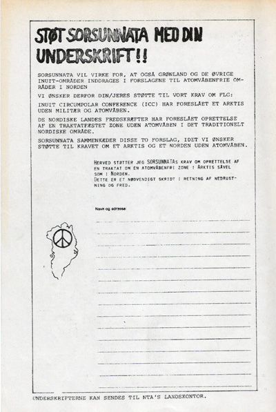 Den gr&oslash;nlandske fredsgruppe Sorsunnata vil arbejde for, at en atomv&aring;benfri zone i Norden ogs&aring; omfatter Gr&oslash;nland.